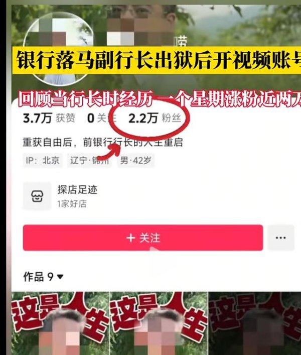 金风资本 落马银行副行长出狱当网红，一周涨粉两万！目前作品已全部下架
